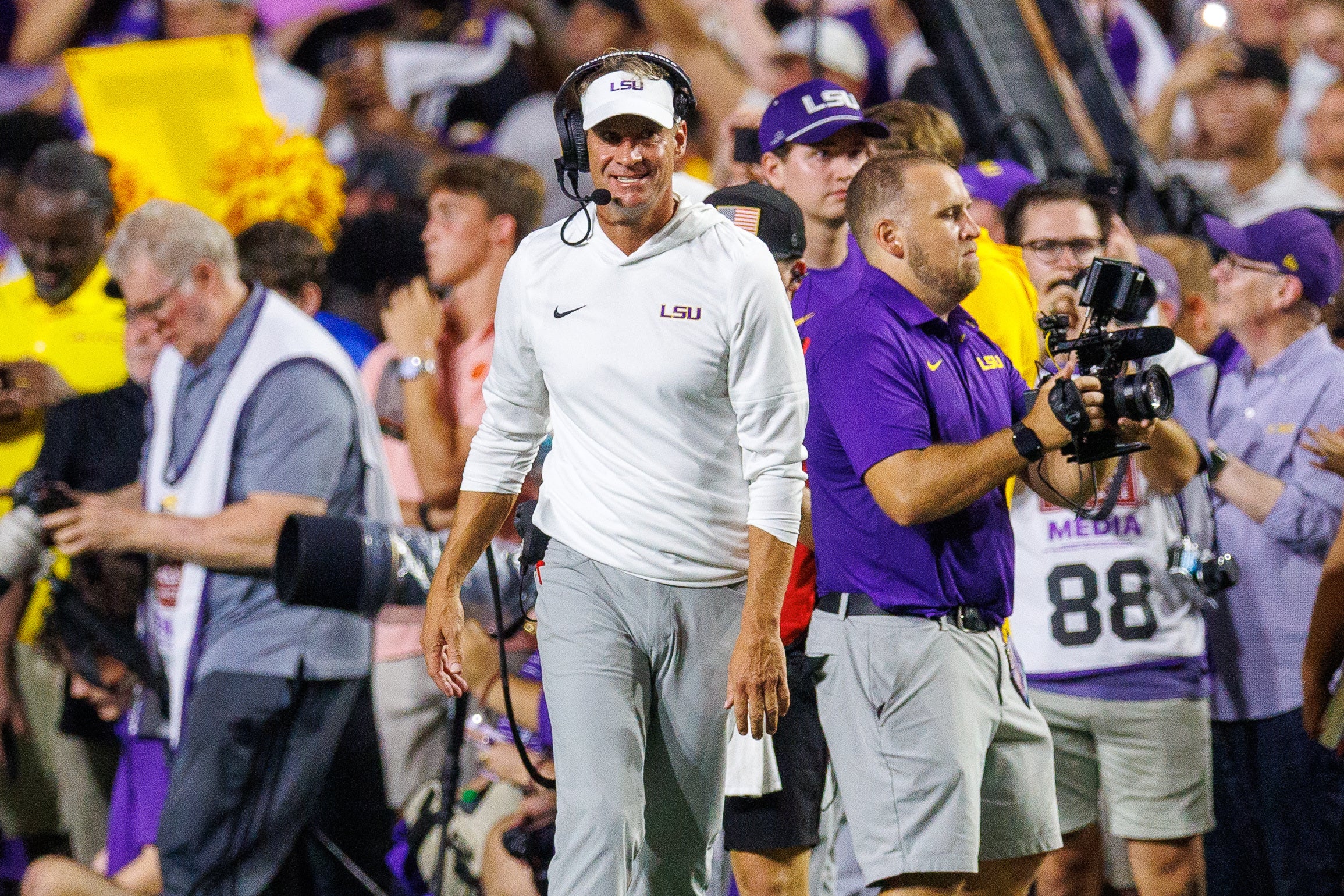 Sep 5, 2026; Baton Rouge, Louisiana, USA; LSU Tigers head coach Lane Kiffin reacts to a touchdown by quarterback Sam Leavitt (not pictured) against Clemson Tigers during the first half at Tiger Stadium.