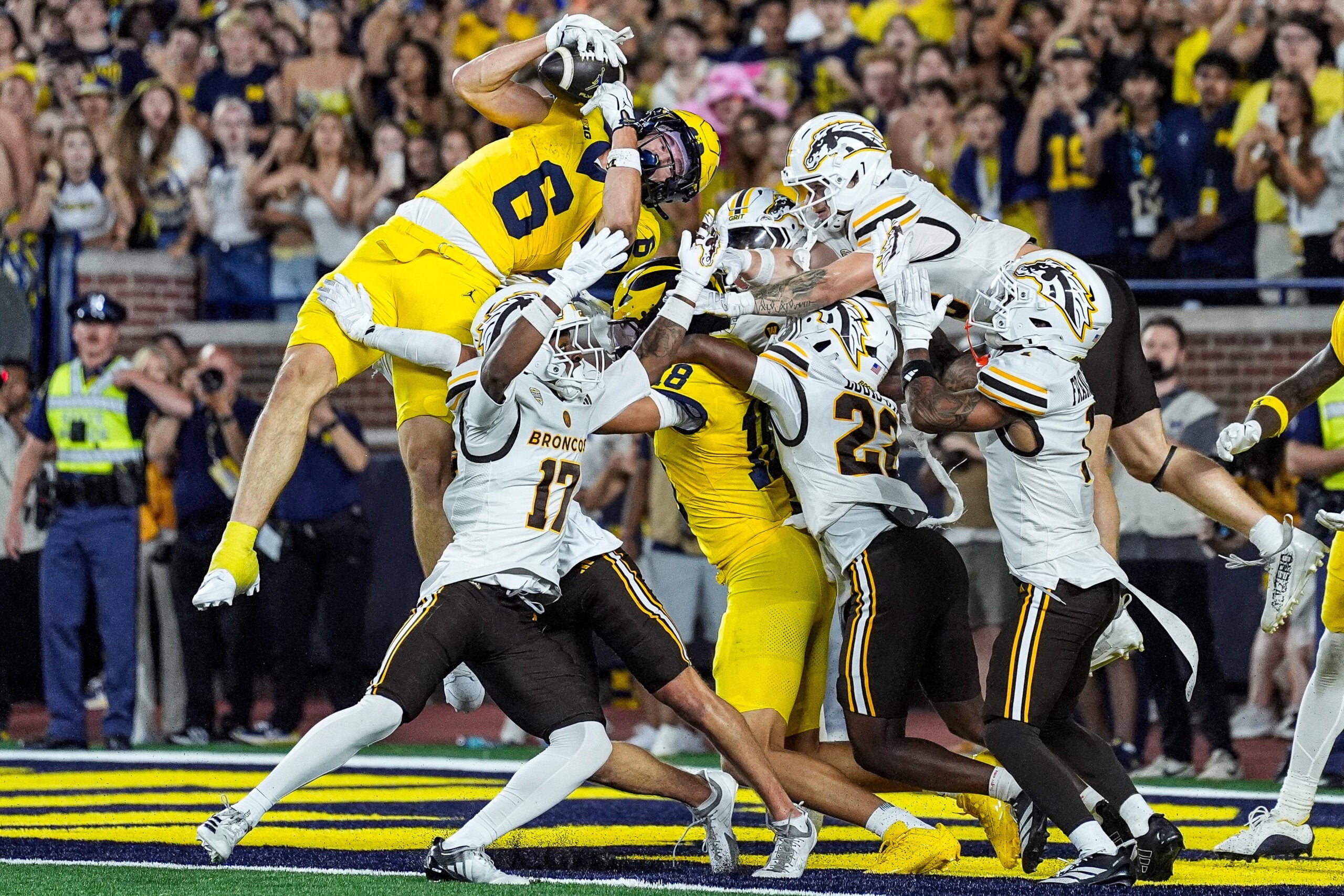 Michigan wide receiver JJ Buchanan (6) catches a 47-yard touchdown on a Hail Mary against Western Michigan to win, 13-12, as time expires in the fourth quarter at Michigan Stadium in Ann Arbor on Saturday, Sept. 5, 2026.