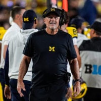 Michigan head coach Kyle Whittingham watches a replay against Western Michigan during the second half at Michigan Stadium in Ann Arbor on Saturday, Sept. 5, 2026.