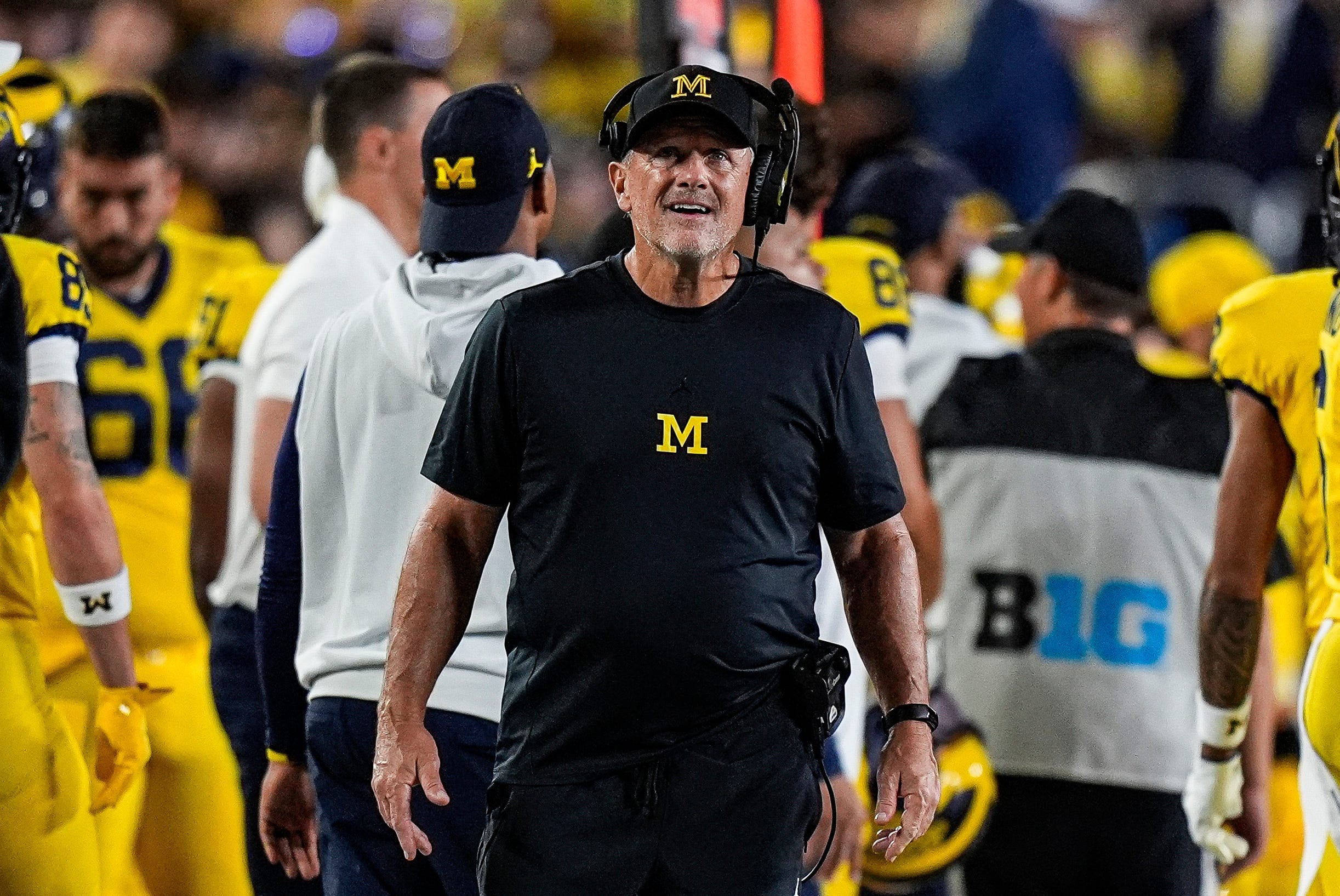 Michigan head coach Kyle Whittingham watches a replay against Western Michigan during the second half at Michigan Stadium in Ann Arbor on Saturday, Sept. 5, 2026.