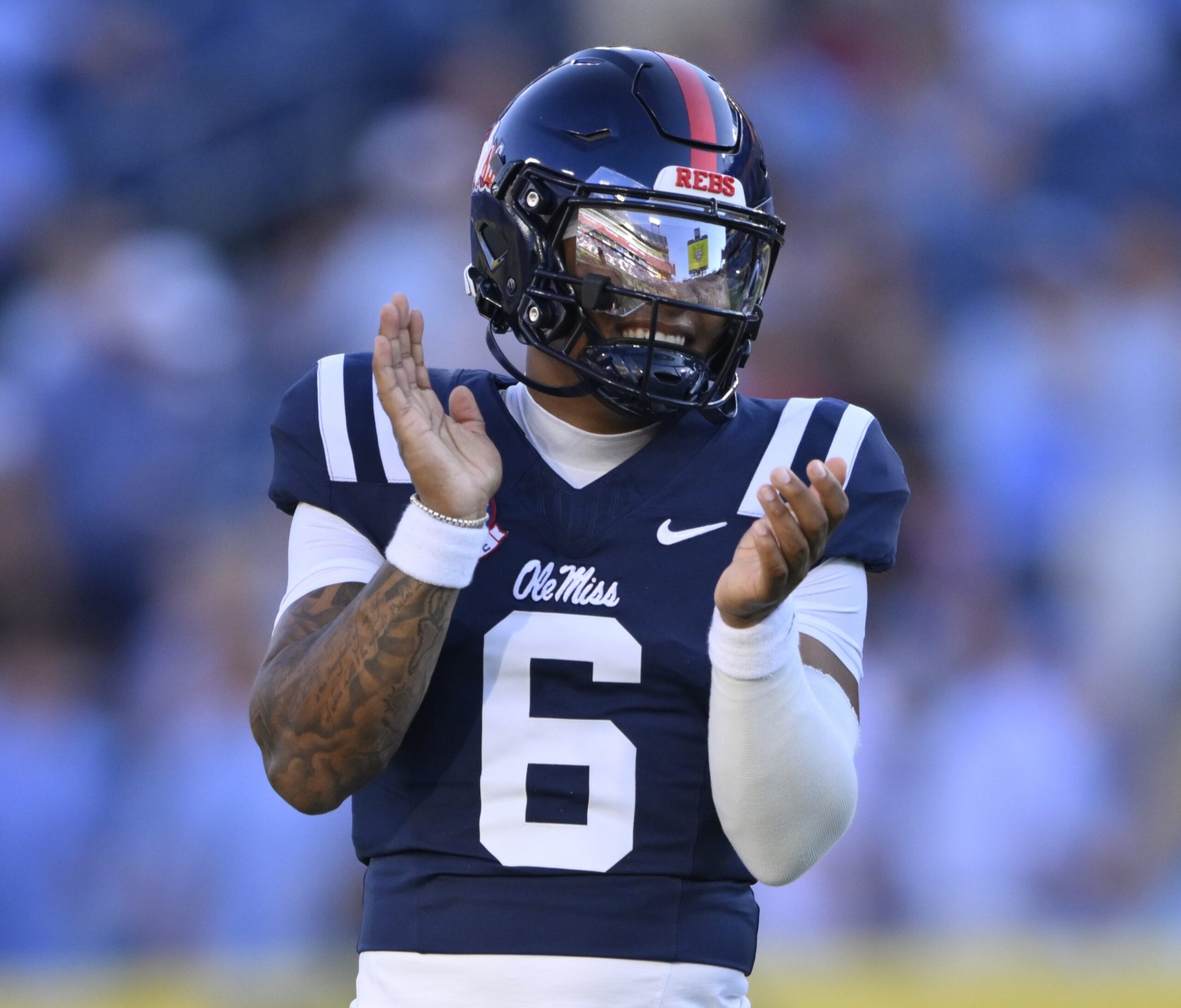Sep 6, 2026; Nashville, Tennessee, USA; Mississippi Rebels quarterback Trinidad Chambliss (6) warms up prior to a game against the Louisville Cardinals at Nissan Stadium.