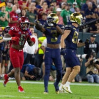 Sep 6, 2026; Green Bay, Wisconsin, USA; Notre Dame Fighting Irish wide receiver Mylan Graham (3) reacts at Lambeau Field.