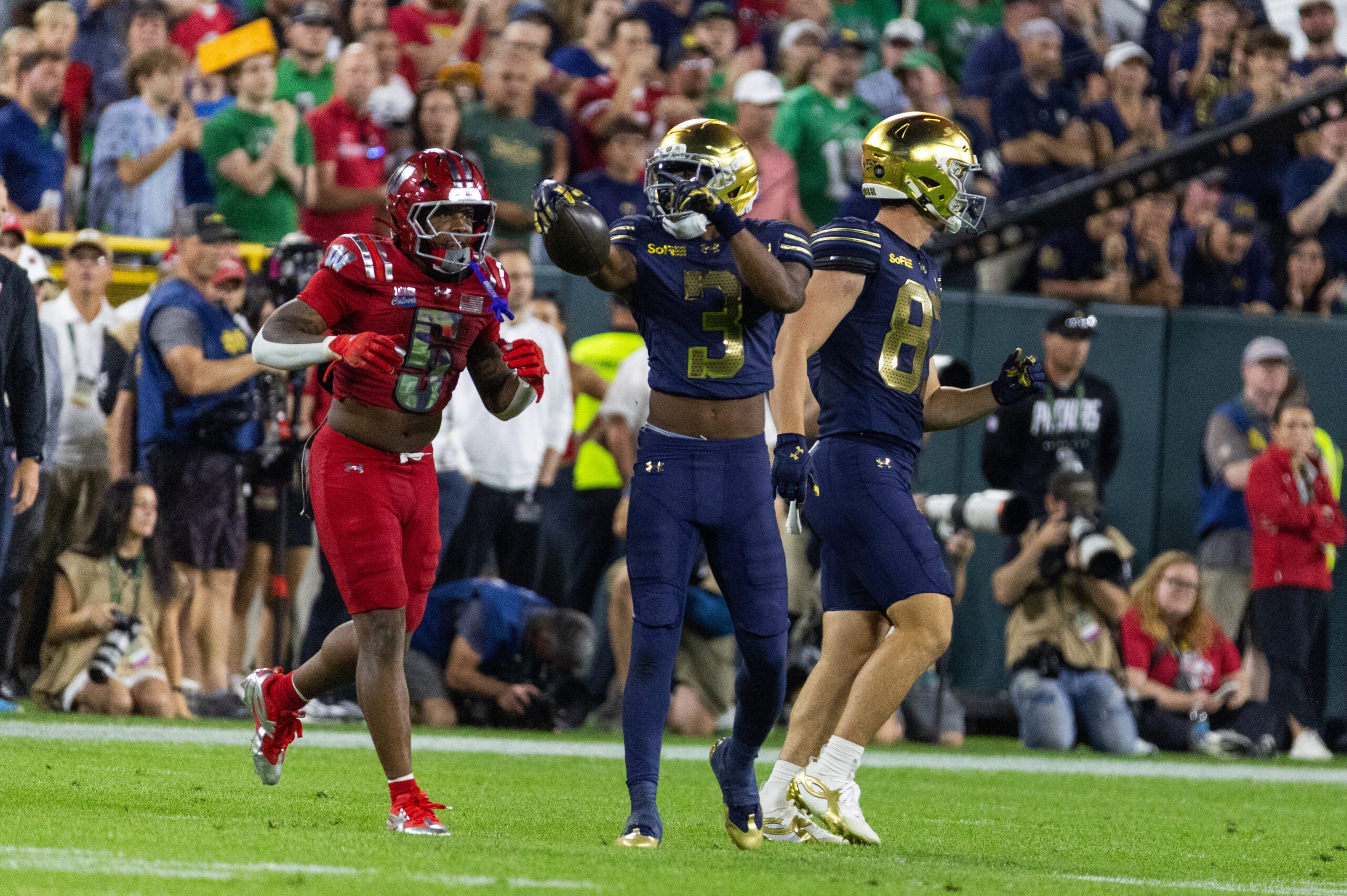 Sep 6, 2026; Green Bay, Wisconsin, USA; Notre Dame Fighting Irish wide receiver Mylan Graham (3) reacts at Lambeau Field.