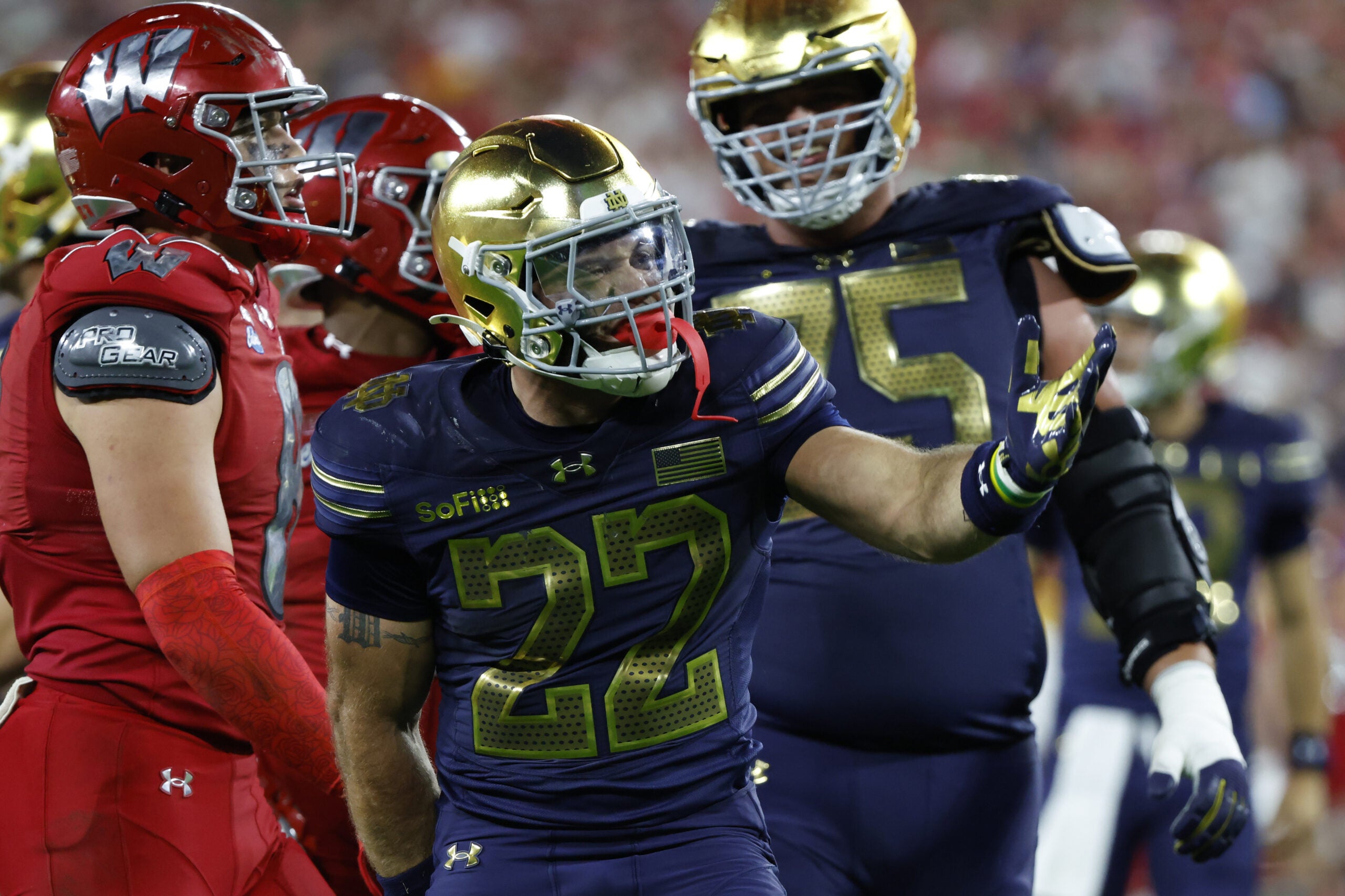 Sep 6, 2026; Green Bay, Wisconsin, USA; Notre Dame Fighting Irish running back Aneyas Williams (22) reacts in the second half at Lambeau Field.