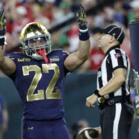 Sep 6, 2026; Green Bay, Wisconsin, USA; Notre Dame Fighting Irish running back Aneyas Williams (22) reacts after a touchdown against the Wisconsin Badgers at Lambeau Field.