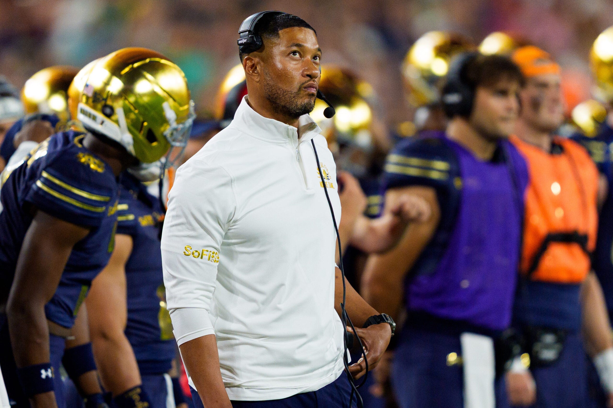Notre Dame head coach Marcus Freeman looks on during the second half of a NCAA football game against Wisconsin at Lambeau Field on Sunday, Sept. 6, 2026, in Green Bay, WI.