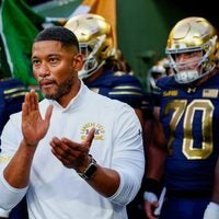 Notre Dame head coach Marcus Freeman waits to take the field with his team before a game against Wisconsin on Sunday, Sept. 6, 2026, at Lambeau Field in Green Bay, Wisconsin. Notre Dame won the game, 41-13.