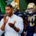 Notre Dame head coach Marcus Freeman waits to take the field with his team before a game against Wisconsin on Sunday, Sept. 6, 2026, at Lambeau Field in Green Bay, Wisconsin. Notre Dame won the game, 41-13.