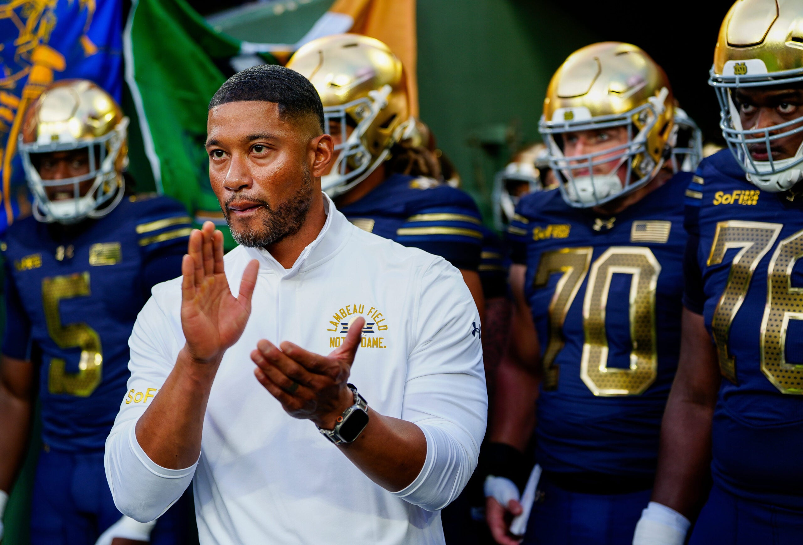 Notre Dame head coach Marcus Freeman waits to take the field with his team before a game against Wisconsin on Sunday, Sept. 6, 2026, at Lambeau Field in Green Bay, Wisconsin. Notre Dame won the game, 41-13.