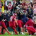 Notre Dame defensive lineman Jason Onye (47) and defensive lineman Tionne Gray (0) try to block a field goal by Wisconsin place kicker Gavin Lahm (97) on Sunday, Sept. 6, 2026, at Lambeau Field in Green Bay, Wisconsin. Notre Dame won the game, 41-13.