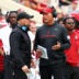 Sep 5, 2026; Tuscaloosa, Alabama, USA; Alabama Crimson Tide head coach Kalen DeBoer (right) talks with an assistant during the second quarter against the East Carolina Pirates at Saban Field at Bryant-Denny Stadium.