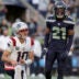 Sep 9, 2026; Seattle, Washington, USA; Seattle Seahawks cornerback Devon Witherspoon (21) reacts after pressuring New England Patriots quarterback Drake Maye (10) during the first quarter at Lumen Field.