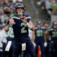Sep 9, 2026; Seattle, Washington, USA; Seattle Seahawks quarterback Drew Lock (2) throws during the second quarter against the New England Patriots at Lumen Field.