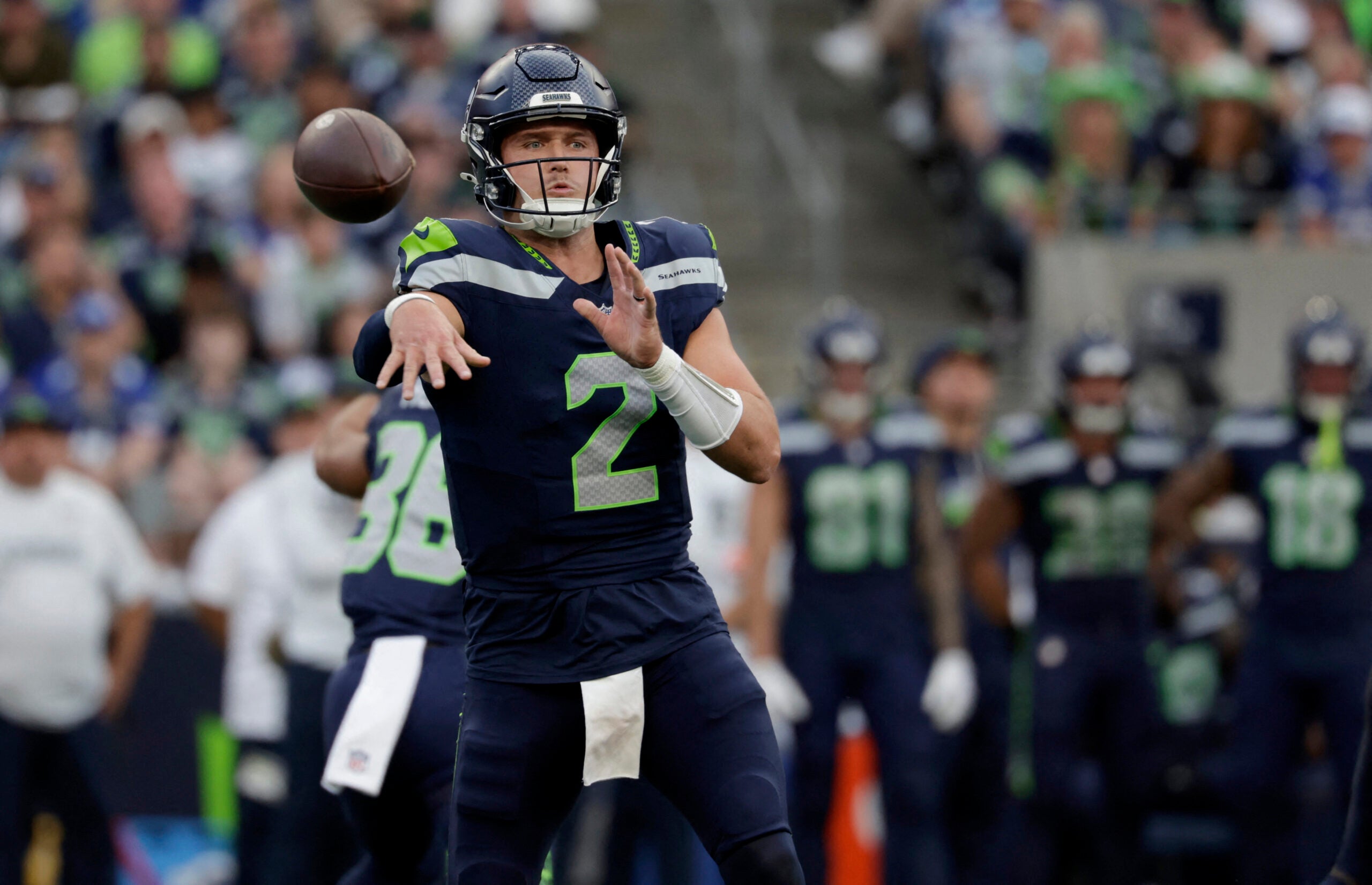 Sep 9, 2026; Seattle, Washington, USA; Seattle Seahawks quarterback Drew Lock (2) throws during the second quarter against the New England Patriots at Lumen Field.