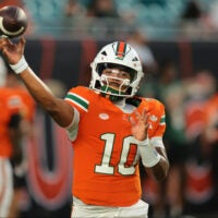 Sep 10, 2026; Miami Gardens, Florida, USA; Miami Hurricanes quarterback Darian Mensah (10) warms up before the game against the Florida A&M Rattlers at Hard Rock Stadium.