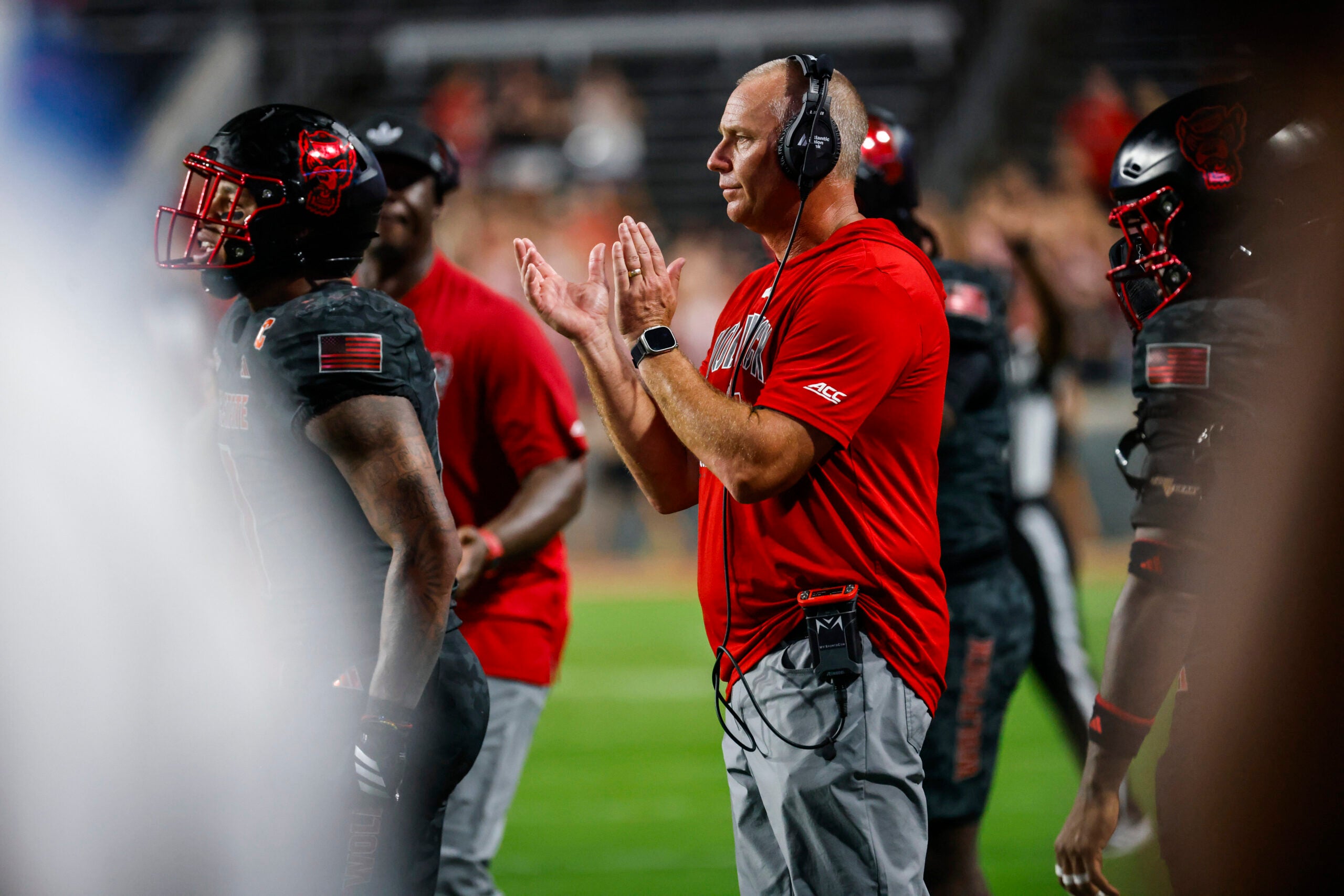 Sep 11, 2026; Raleigh, North Carolina, USA; NC State Wolfpack head coach Dave Doeren during the second half of the game against Richmond Spiders at Carter-Finley Stadium.