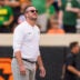 Oregon head coach Dan Lanning takes in the rain as the Oregon Ducks face the Oklahoma State Cowboys on Sept. 12, 2026, at Boone Pickens Stadium in Stillwater, Oklahoma.