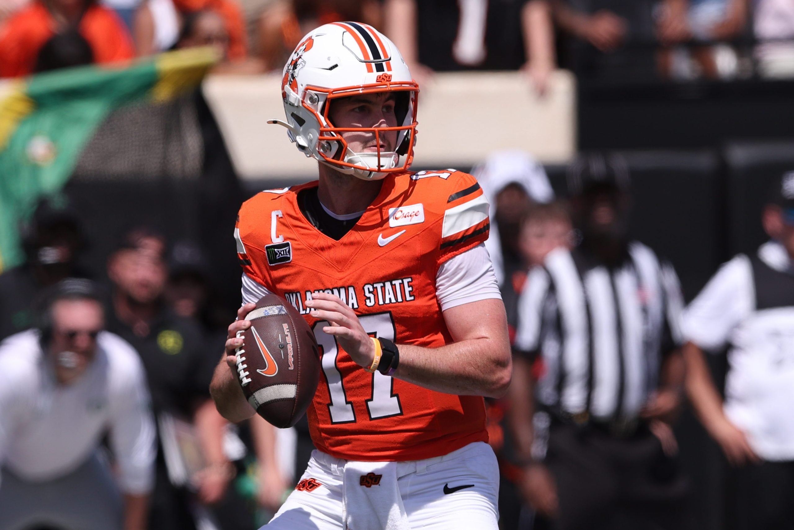 Sep 12, 2026; Stillwater, Oklahoma, USA; Oklahoma State Cowboys quarterback Drew Mestemaker (17) throws a pass during the second quarter against the Oregon Ducks at Boone Pickens Stadium.