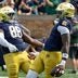 Sep 12, 2026; South Bend, Indiana, USA; Notre Dame Fighting Irish defensive lineman Boubacar Traore (5) celebrates scoring with defensive lineman Armel Mukam (88) against the Rice Owls during the first half at Notre Dame Stadium.