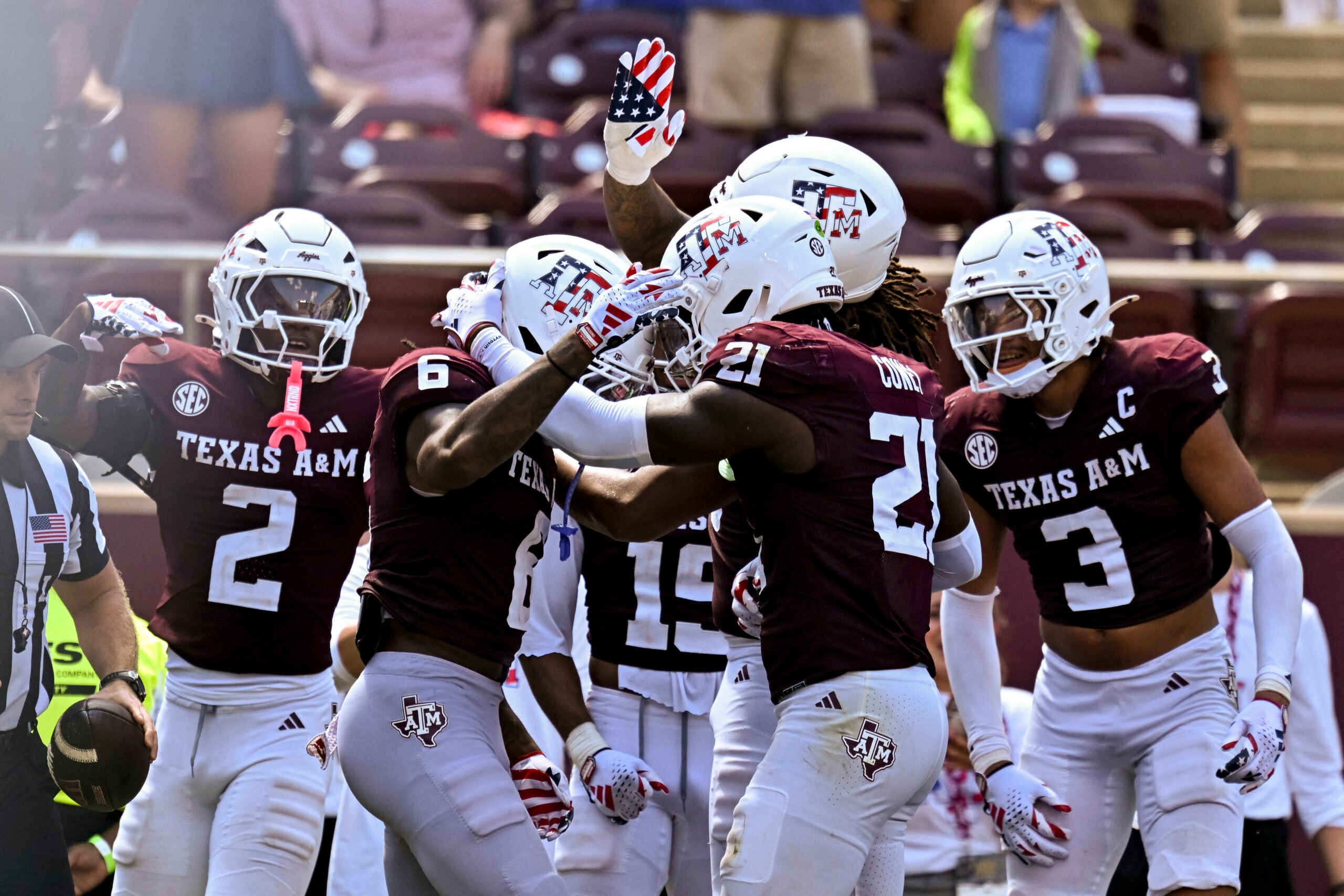 Sep 12, 2026; College Station, Texas, USA; Texas A&M Aggies cornerback Julio Humphrey (6) celebrates with teammates after running an interception back for a touchdown against Arizona State Sun Devils at Kyle Field.