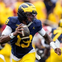 Michigan quarterback Bryce Underwood (19) runs against Oklahoma during the first half at Michigan Stadium in Ann Arbor on Saturday, Sept. 12, 2026.