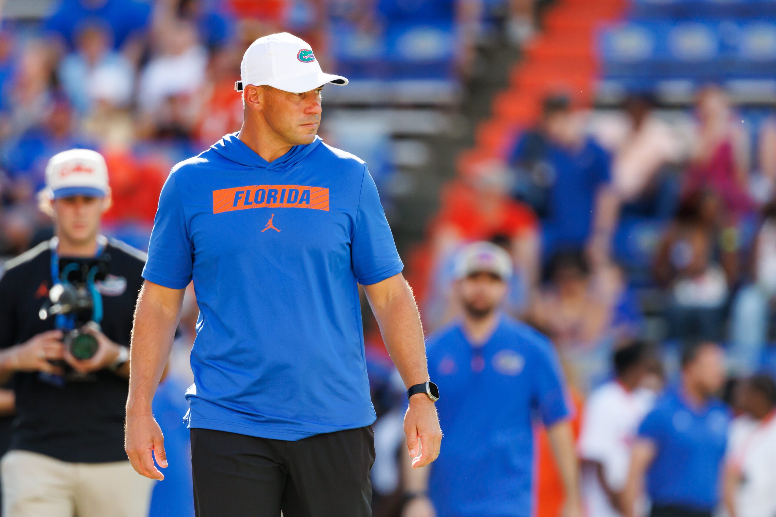 Sep 12, 2026; Gainesville, Florida, USA; Florida Gators head coach Jon Sumrall looks on before a game against the Campbell Fighting Camels at Ben Hill Griffin Stadium.