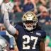 Notre Dame linebacker Kyngstonn Viliamu-Asa celebrates after getting a stop during a NCAA football game against Rice at Notre Dame Stadium on Saturday, Sept. 12, 2026, in South Bend.
