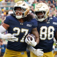 Notre Dame linebacker Kyngstonn Viliamu-Asa (27) celebrates after a turnover during a NCAA football game against Rice at Notre Dame Stadium on Saturday, Sept. 12, 2026, in South Bend.