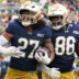 Notre Dame linebacker Kyngstonn Viliamu-Asa (27) celebrates after a turnover during a NCAA football game against Rice at Notre Dame Stadium on Saturday, Sept. 12, 2026, in South Bend.