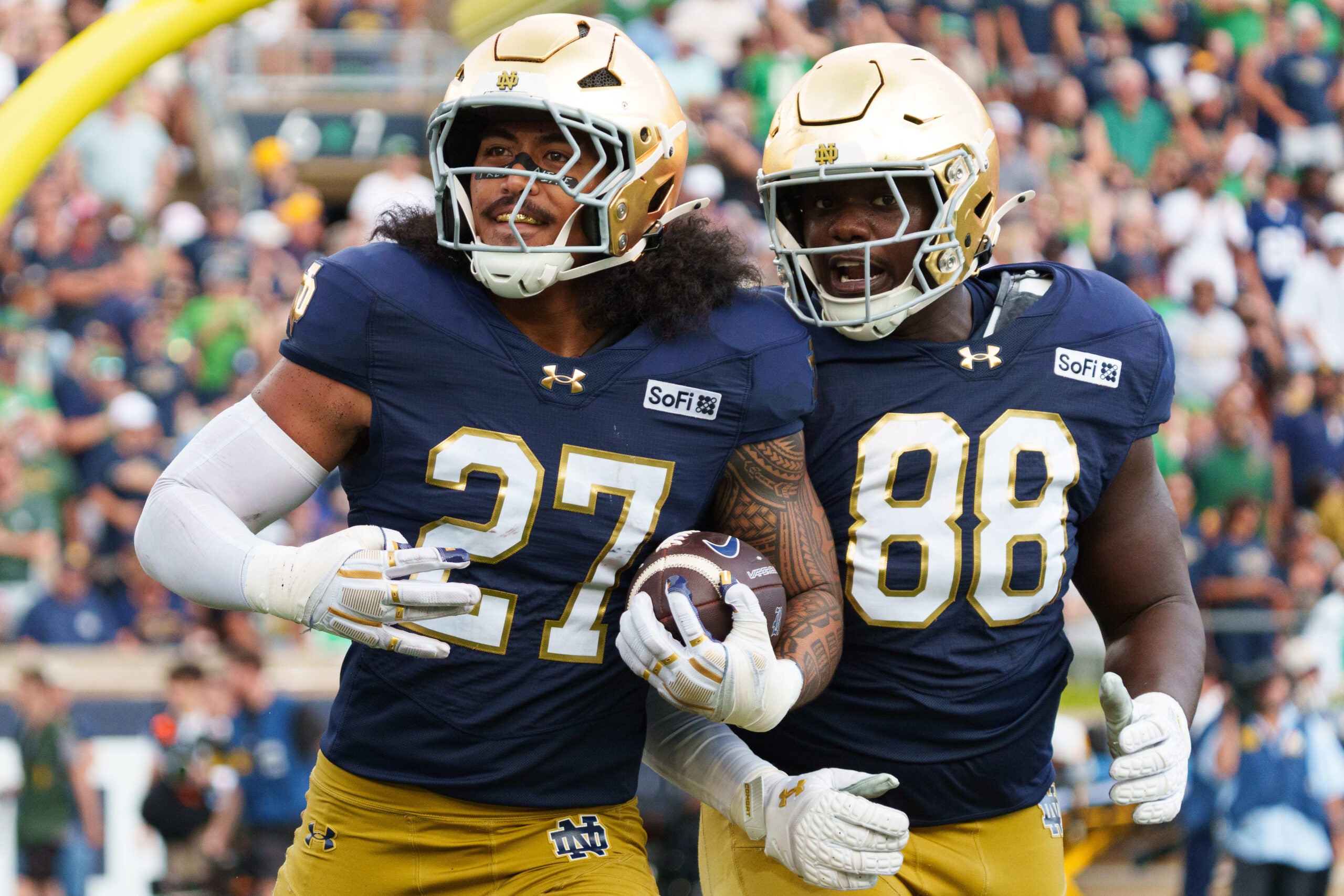 Notre Dame linebacker Kyngstonn Viliamu-Asa (27) celebrates after a turnover during a NCAA football game against Rice at Notre Dame Stadium on Saturday, Sept. 12, 2026, in South Bend.