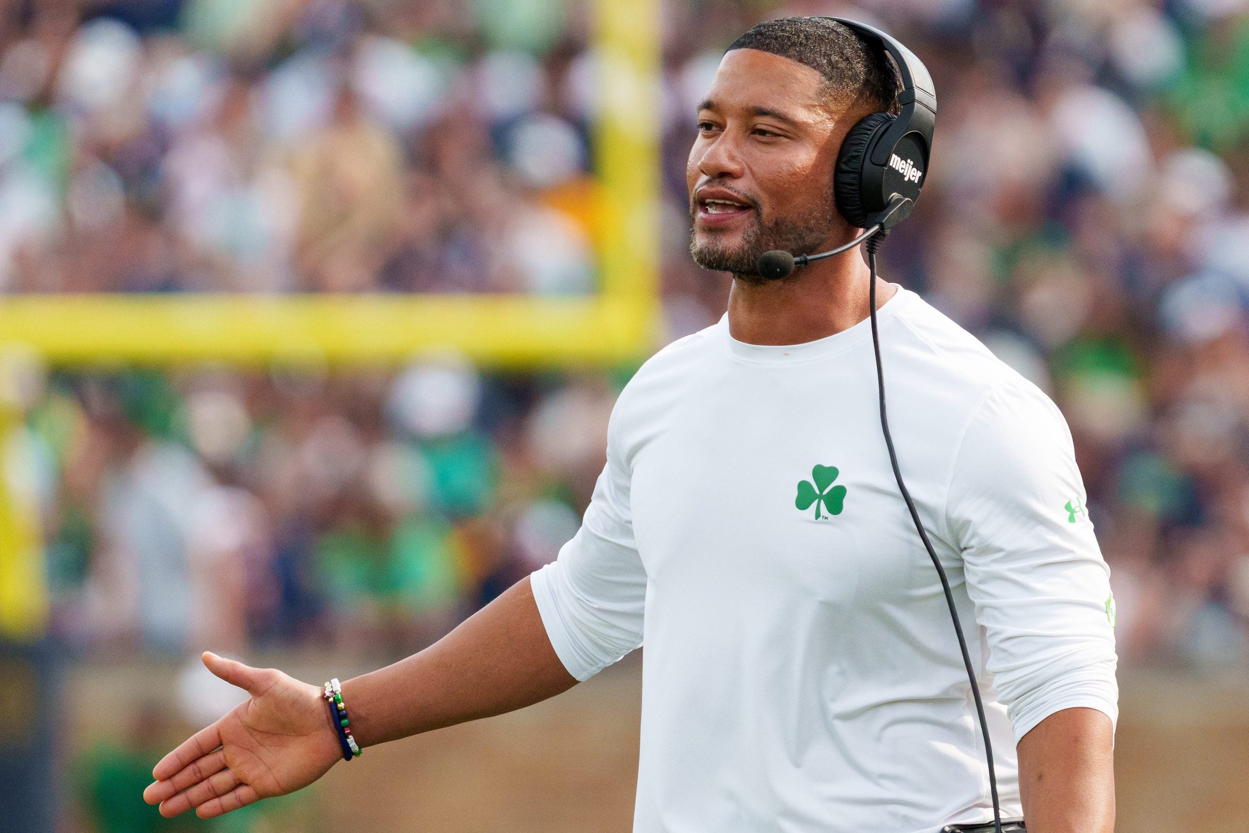 Notre Dame head coach Marcus Freeman during a NCAA football game against Rice at Notre Dame Stadium on Saturday, Sept. 12, 2026, in South Bend.