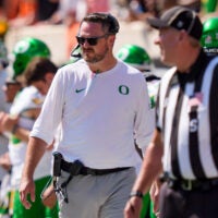 Oregon head coach Dan Lanning looks on as the Oregon Ducks face the Oklahoma State Cowboys on Sept. 12, 2026, at Boone Pickens Stadium in Stillwater, Oklahoma.