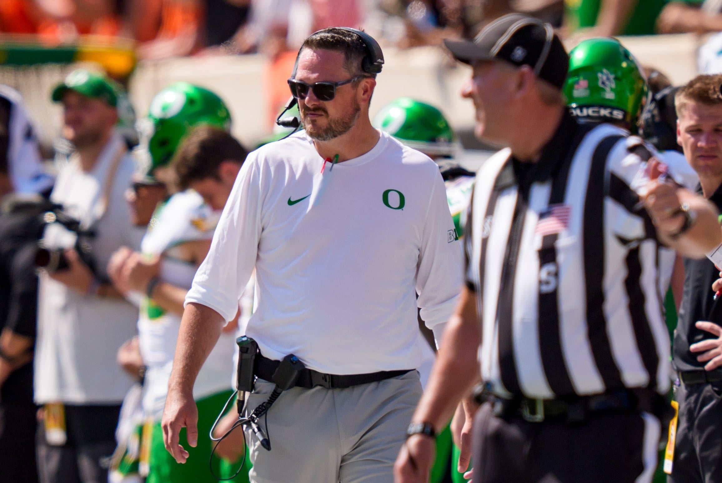 Oregon head coach Dan Lanning looks on as the Oregon Ducks face the Oklahoma State Cowboys on Sept. 12, 2026, at Boone Pickens Stadium in Stillwater, Oklahoma.
