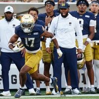 Notre Dame wide receiver Elijah Burress (17) rushes the ball during a NCAA football game against Rice at Notre Dame Stadium on Saturday, Sept. 12, 2026, in South Bend.