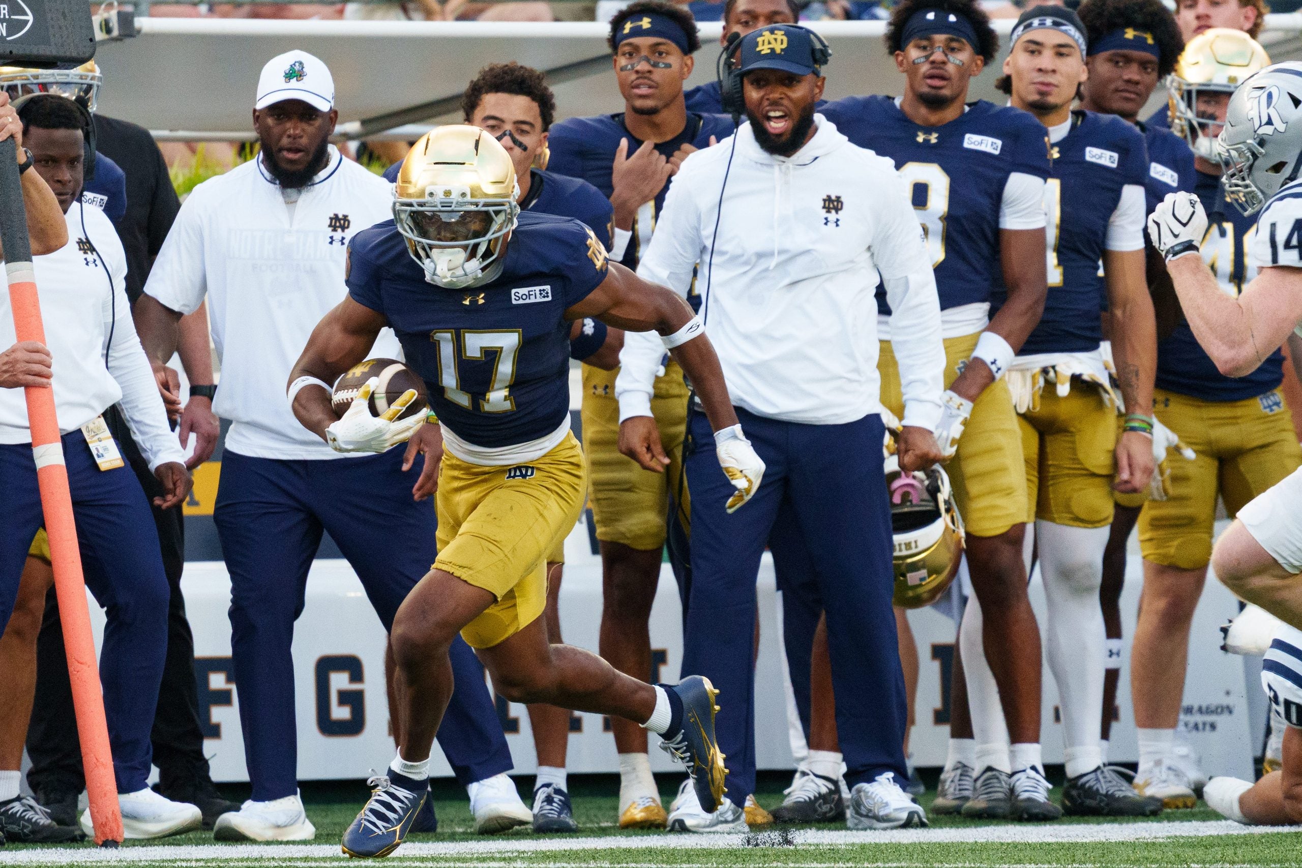 Notre Dame wide receiver Elijah Burress (17) rushes the ball during a NCAA football game against Rice at Notre Dame Stadium on Saturday, Sept. 12, 2026, in South Bend.