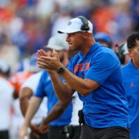 Florida head coach Jon Sumrall reacts against Campbell during the first half of an NCAA football game at Steve Spurrier Field at Ben Hill Griffin Stadium in Gainesville, FL on Saturday, September 12, 2026.