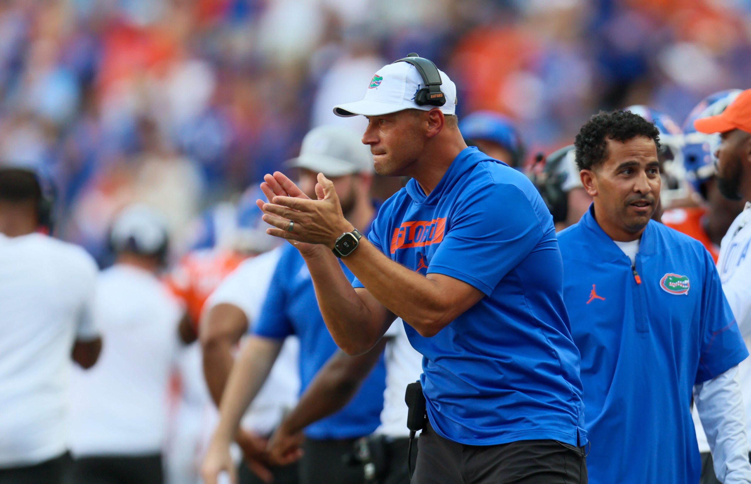 Florida head coach Jon Sumrall reacts against Campbell during the first half of an NCAA football game at Steve Spurrier Field at Ben Hill Griffin Stadium in Gainesville, FL on Saturday, September 12, 2026.