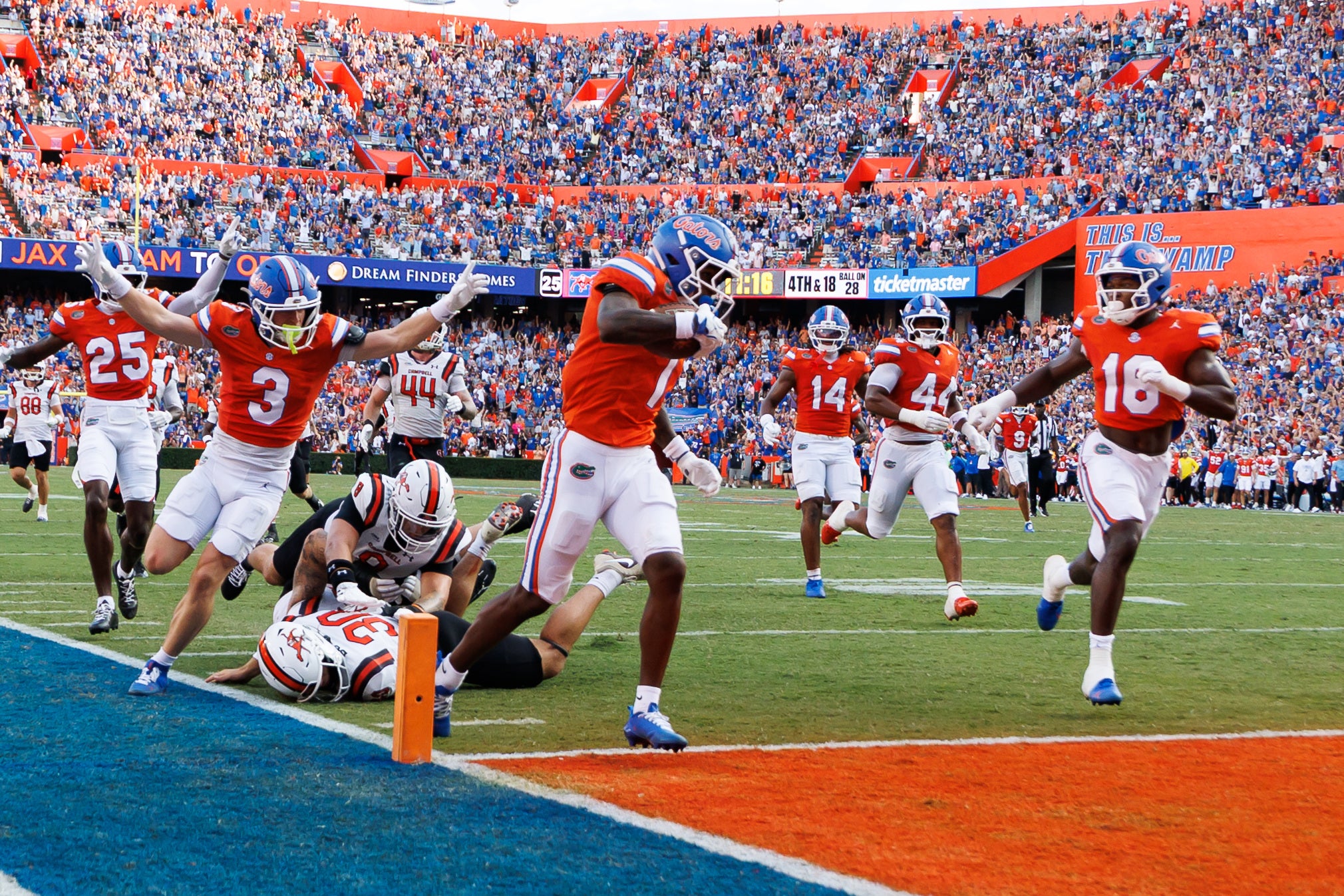 Sep 12, 2026; Gainesville, Florida, USA; Florida Gators wide receiver Vernell Brown III (1) scores a touchdown while wide receivers Bailey Stockton (3) and Davian Groce (18) celebrate against the Campbell Fighting Camels during the first half at Ben Hill Griffin Stadium.