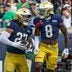 Sep 12, 2026; South Bend, Indiana, USA; Notre Dame Fighting Irish safety Adon Shuler (8) celebrates with linebacker Kyngstonn Viliamu-Asa (27) after a turnover during the first half at Notre Dame Stadium.