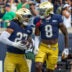 Sep 12, 2026; South Bend, Indiana, USA; Notre Dame Fighting Irish safety Adon Shuler (8) celebrates with linebacker Kyngstonn Viliamu-Asa (27) after a turnover during the first half at Notre Dame Stadium.