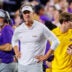 Sep 12, 2026; Baton Rouge, Louisiana, USA; LSU Tigers head coach Lane Kiffin reacts to an intercept by Louisiana Tech Bulldogs during the first half at Tiger Stadium.