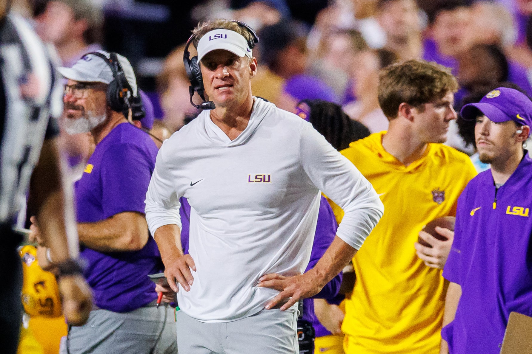 Sep 12, 2026; Baton Rouge, Louisiana, USA; LSU Tigers head coach Lane Kiffin reacts to an intercept by Louisiana Tech Bulldogs during the first half at Tiger Stadium.