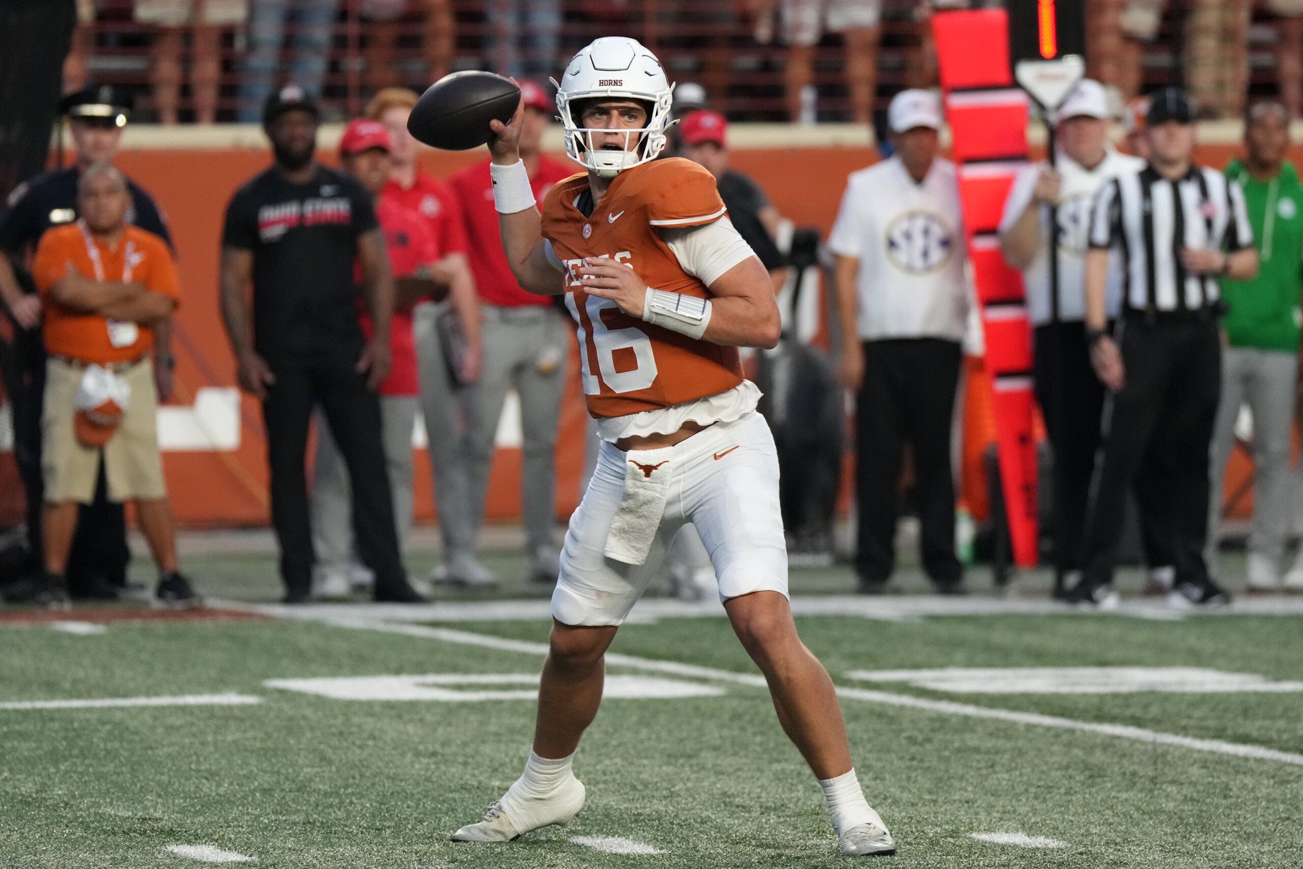 Sep 12, 2026; Austin, Texas, USA; Texas Longhorns quarterback Arch Manning (16) passes against the Ohio State Buckeyes during the first half at Darrell K Royal-Texas Memorial Stadium.