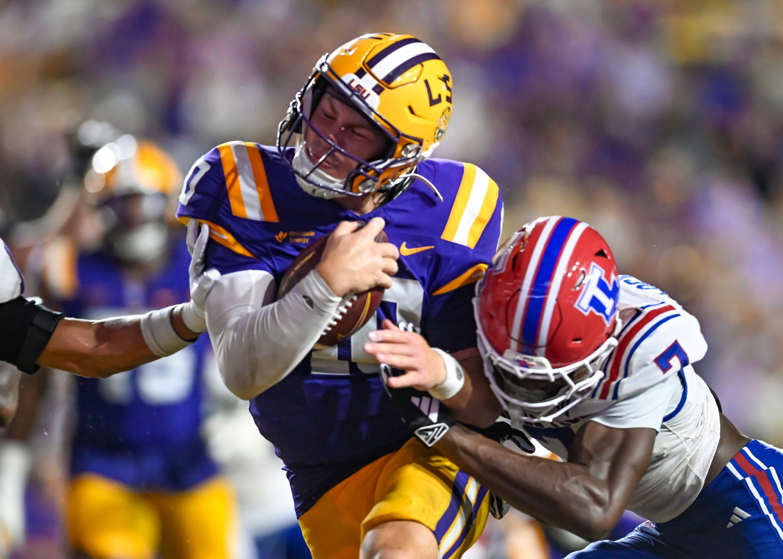 Tigers Quarterback Sam Leavitt 10, LSU Tigers take on the LA Tech Bulldogs. September 12, 2026; Baton Rouge, Louisiana, USA; at Tiger Stadium.