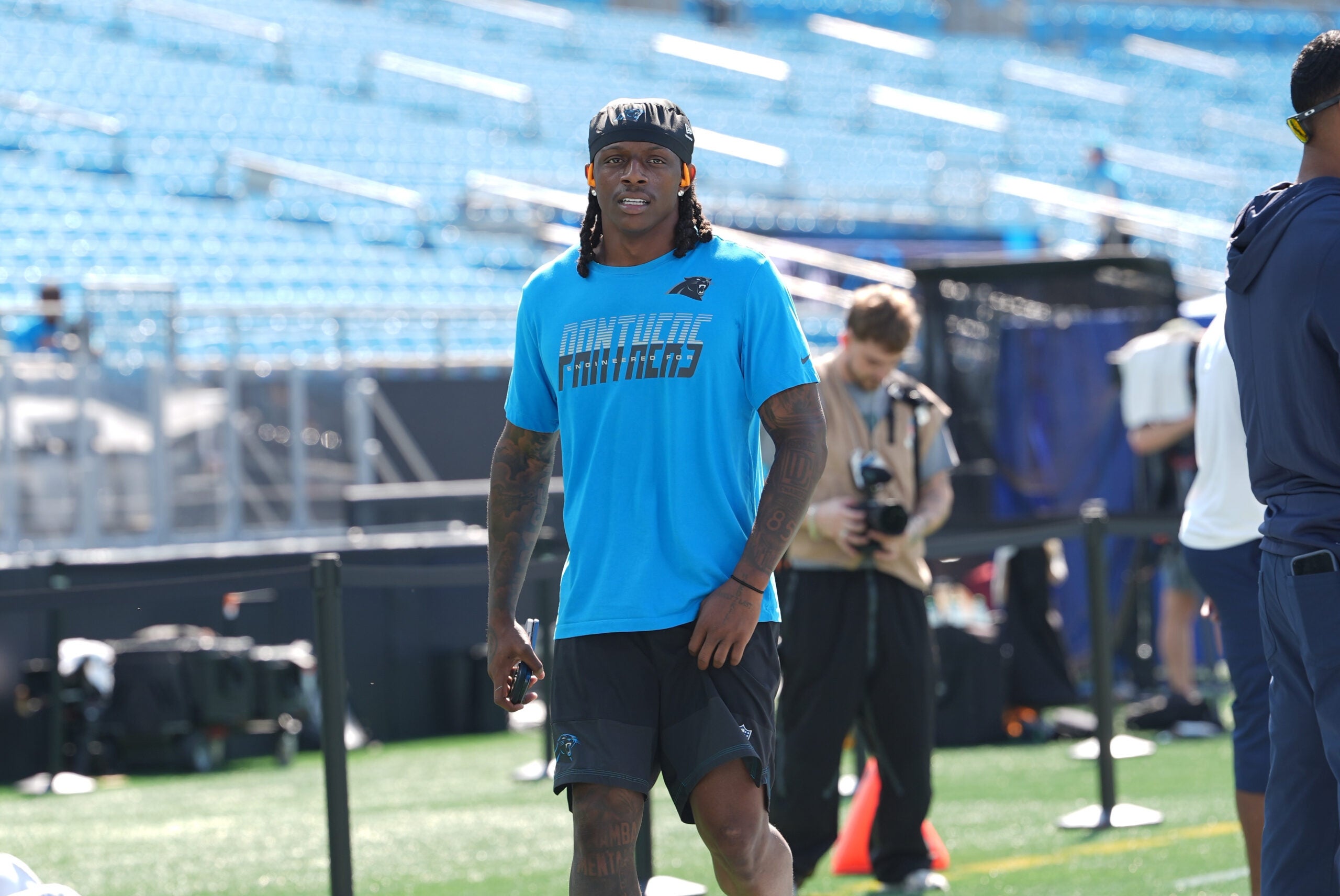 Sep 13, 2026; Charlotte, North Carolina, USA; Carolina Panthers cornerback Jaycee Horn (8) looks on during pregame warmups before the game against the Chicago Bears at Bank of America Stadium.