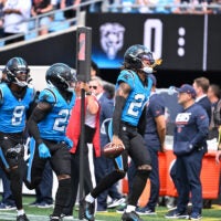 Sep 13, 2026; Charlotte, North Carolina, USA; Carolina Panthers cornerback Will Lee III (24) celebrates after recovering a fumble in the first quarter against the Chicago Bears at Bank of America Stadium.