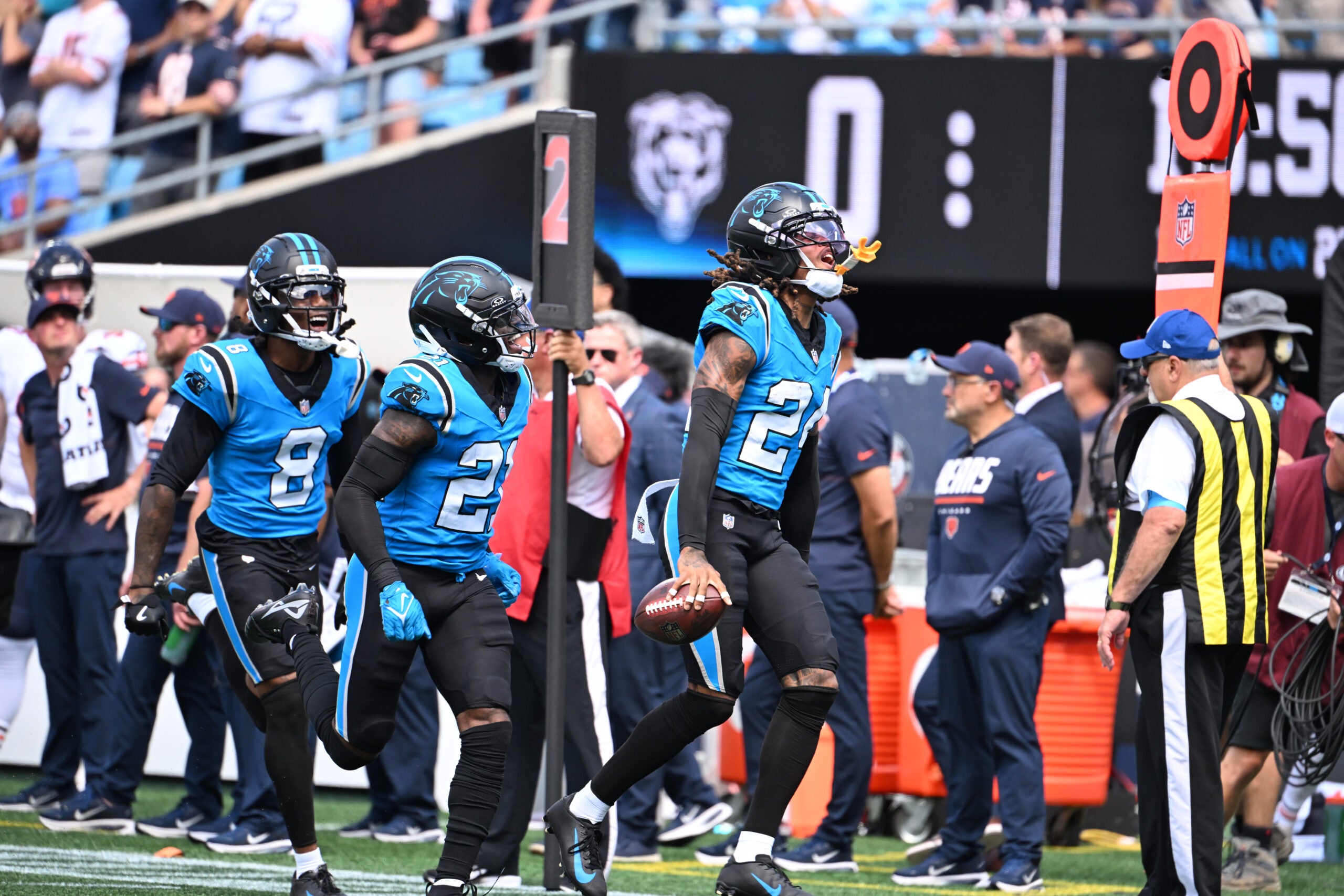 Sep 13, 2026; Charlotte, North Carolina, USA; Carolina Panthers cornerback Will Lee III (24) celebrates after recovering a fumble in the first quarter against the Chicago Bears at Bank of America Stadium.