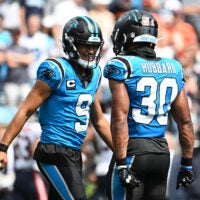 Sep 13, 2026; Charlotte, North Carolina, USA; Carolina Panthers quarterback Bryce Young (9) celebrates a touchdown with running back Chuba Hubbard (30) in the second quarter against the Chicago Bears at Bank of America Stadium.