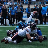 Sep 13, 2026; Charlotte, North Carolina, USA; Chicago Bears wide receiver Kaden Davis (81) recovers a muffed punt return by Carolina Panthers wide receiver Jimmy Horn Jr. (15) in the second quarter at Bank of America Stadium.