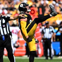 Sep 13, 2026; Pittsburgh, Pennsylvania, USA; Pittsburgh Steelers linebacker T.J. Watt (90) celebrates a sack during the second quarter against the Atlanta Falcons at Acrisure Stadium.